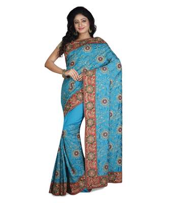 Turquoise Embroidered Raw Silk Saree With Blouse 1
