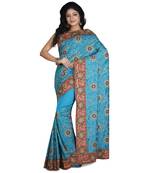 Turquoise Embroidered Raw Silk Saree With Blouse