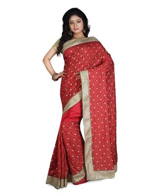 Red Embroidered Raw Silk Saree With Blouse 1
