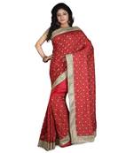 Red Embroidered Raw Silk Saree With Blouse