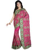 Magenta Embroidered Raw Silk Saree With Blouse