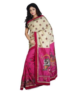 Magenta Embroidered Raw Silk Saree With Blouse 2