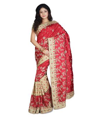 Red Embroidered Raw Silk Saree With Blouse 1