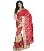 Red Embroidered Raw Silk Saree With Blouse