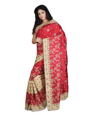 Red Embroidered Raw Silk Saree With Blouse 2