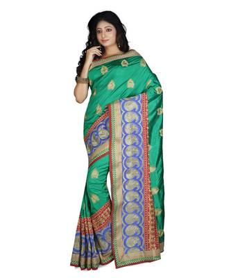 Green Embroidered Raw Silk Saree With Blouse 1