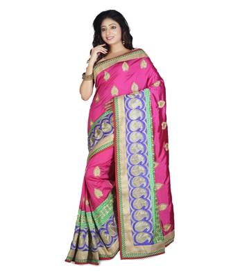 Magenta Embroidered Raw Silk Saree With Blouse 1