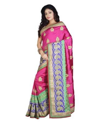 Magenta Embroidered Raw Silk Saree With Blouse 2