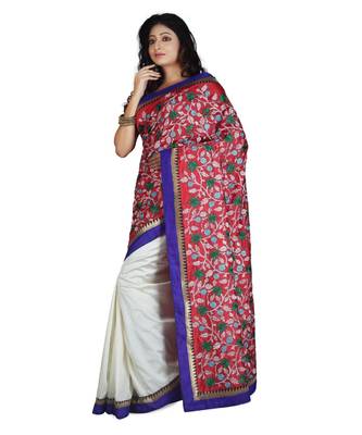 Red Embroidered Raw Silk Saree With Blouse 2