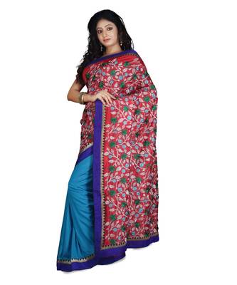 Red Embroidered Raw Silk Saree With Blouse 2