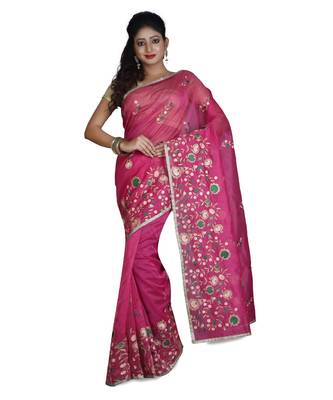 Magenta Embroidered Raw Silk Saree With Blouse 1