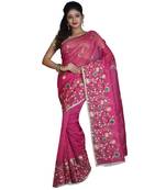 Magenta Embroidered Raw Silk Saree With Blouse