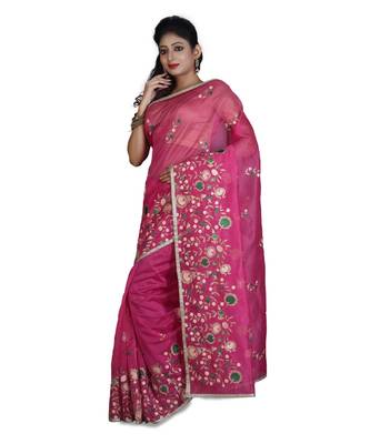 Magenta Embroidered Raw Silk Saree With Blouse 2