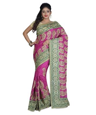 Magenta Embroidered Raw Silk Saree With Blouse 1
