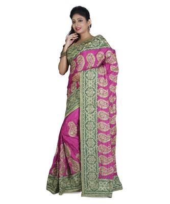 Magenta Embroidered Raw Silk Saree With Blouse 2