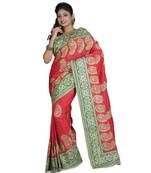 Red Embroidered Raw Silk Saree With Blouse