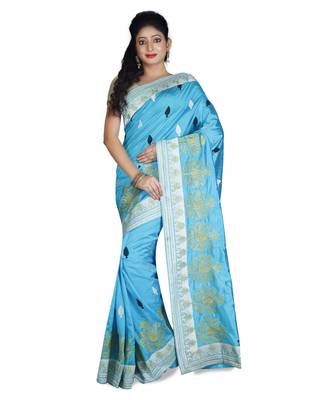 Turquoise Embroidered Raw Silk Saree With Blouse 1