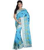 Turquoise Embroidered Raw Silk Saree With Blouse
