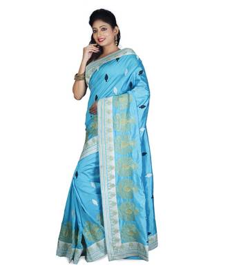 Turquoise Embroidered Raw Silk Saree With Blouse 2