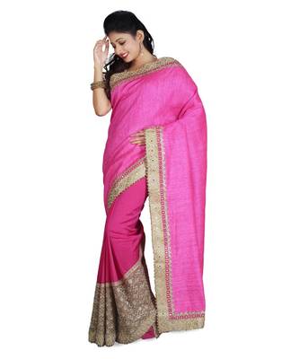 Magenta Embroidered Raw Silk Saree With Blouse 2