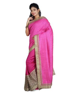 Magenta Embroidered Raw Silk Saree With Blouse 3