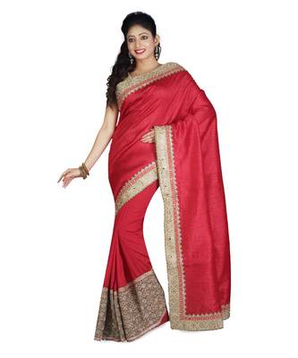Red Embroidered Raw Silk Saree With Blouse 1