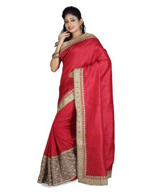 Red Embroidered Raw Silk Saree With Blouse 2