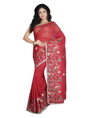 Red Embroidered Super Net Saree With Blouse 1