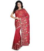 Red Embroidered Super Net Saree With Blouse