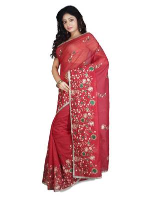 Red Embroidered Super Net Saree With Blouse 2