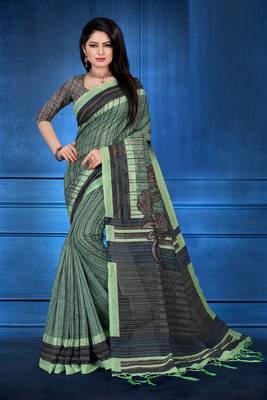 Green printed art silk saree with blouse 1