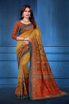 Mustard printed tussar silk saree with blouse 1