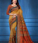 Mustard printed tussar silk saree with blouse