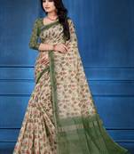 Cream printed cotton silk saree with blouse