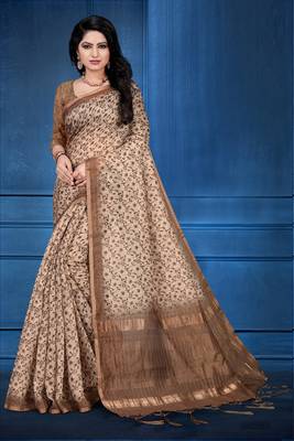 Beige printed cotton silk saree with blouse 1