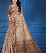 Beige printed cotton silk saree with blouse