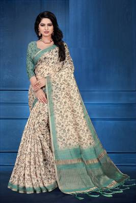 Beige printed cotton silk saree with blouse 1