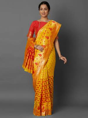Yellow woven cotton silk saree with blouse 1