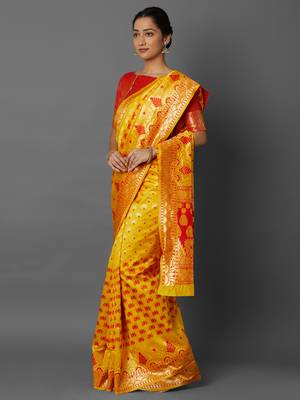 Yellow woven cotton silk saree with blouse 3