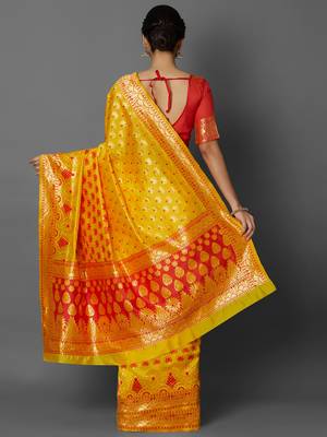 Yellow woven cotton silk saree with blouse 4