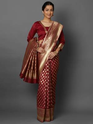Maroon woven cotton silk saree with blouse 1