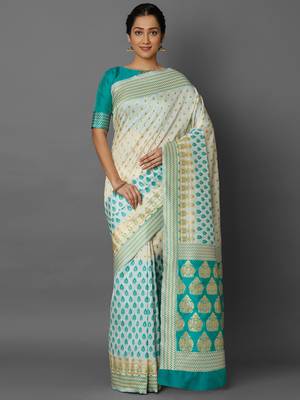 Off white woven cotton silk saree with blouse 1