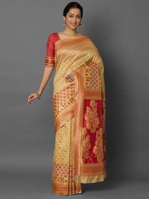 Beige woven cotton silk saree with blouse 1