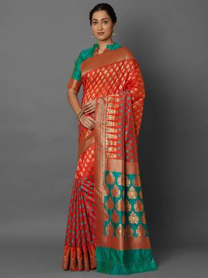 Orange woven cotton silk saree with blouse 3