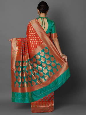 Orange woven cotton silk saree with blouse 4