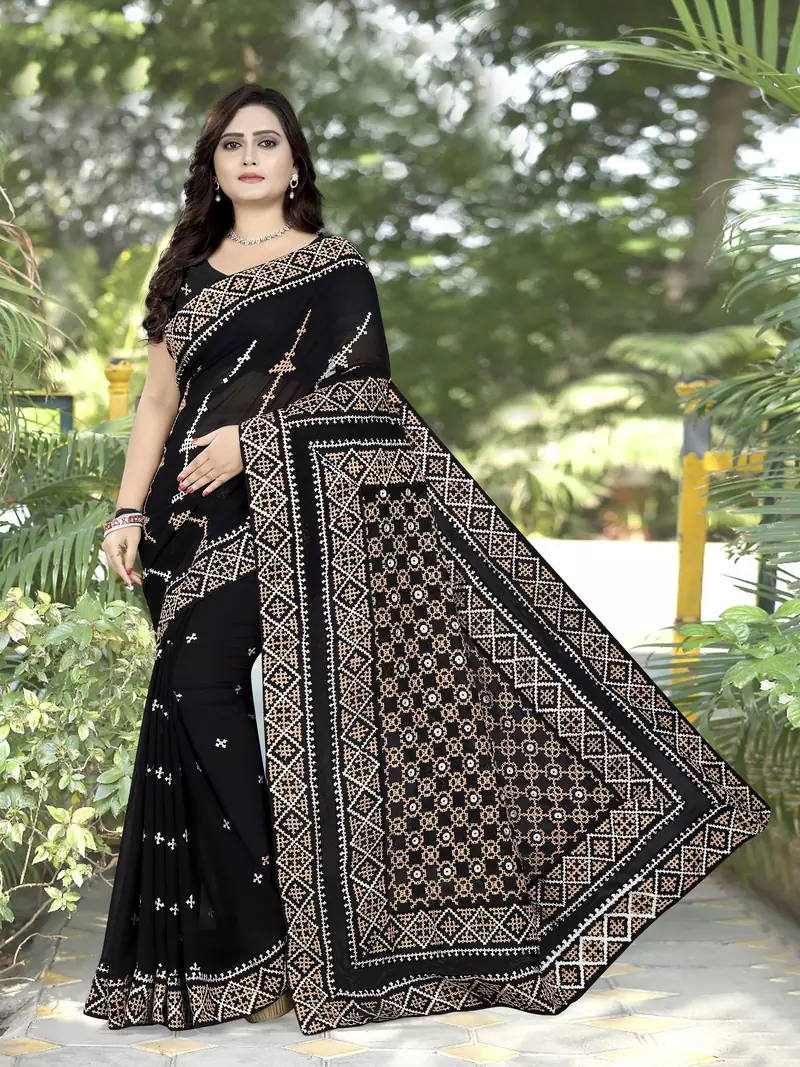 Black Embroidered Georgette Saree With Blouse