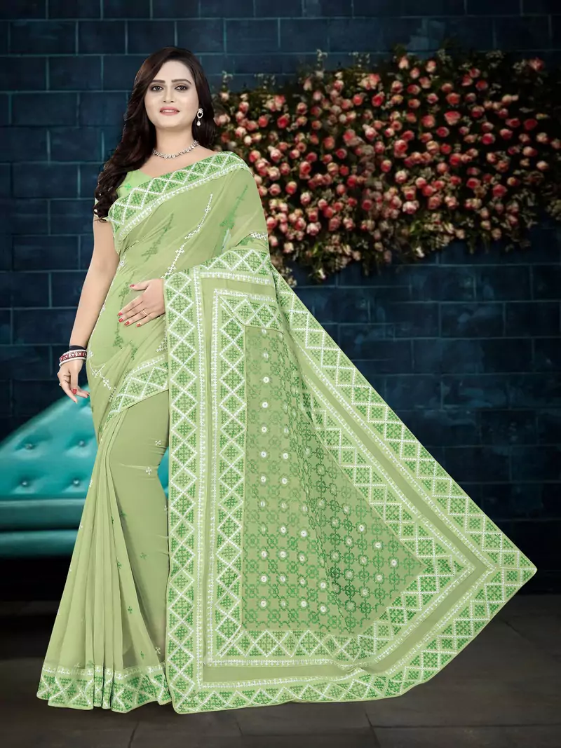 Green Embroidered Georgette Saree With Blouse