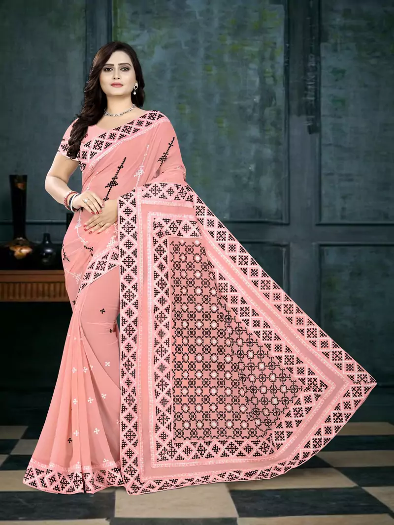 Pink Embroidered Georgette Saree With Blouse