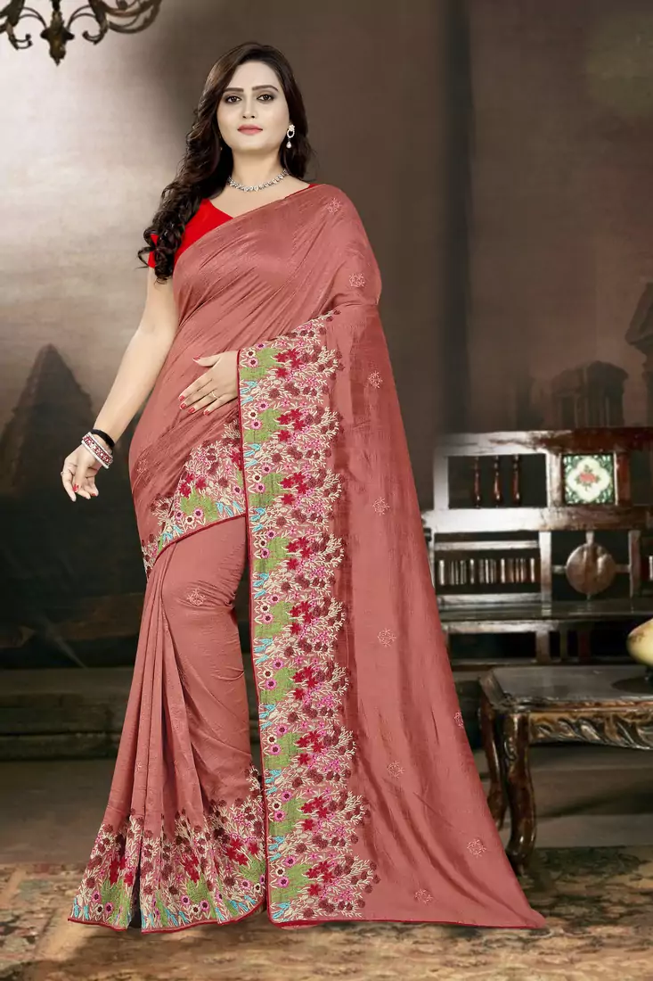 Pink Embroidered Poly Silk Saree With Blouse