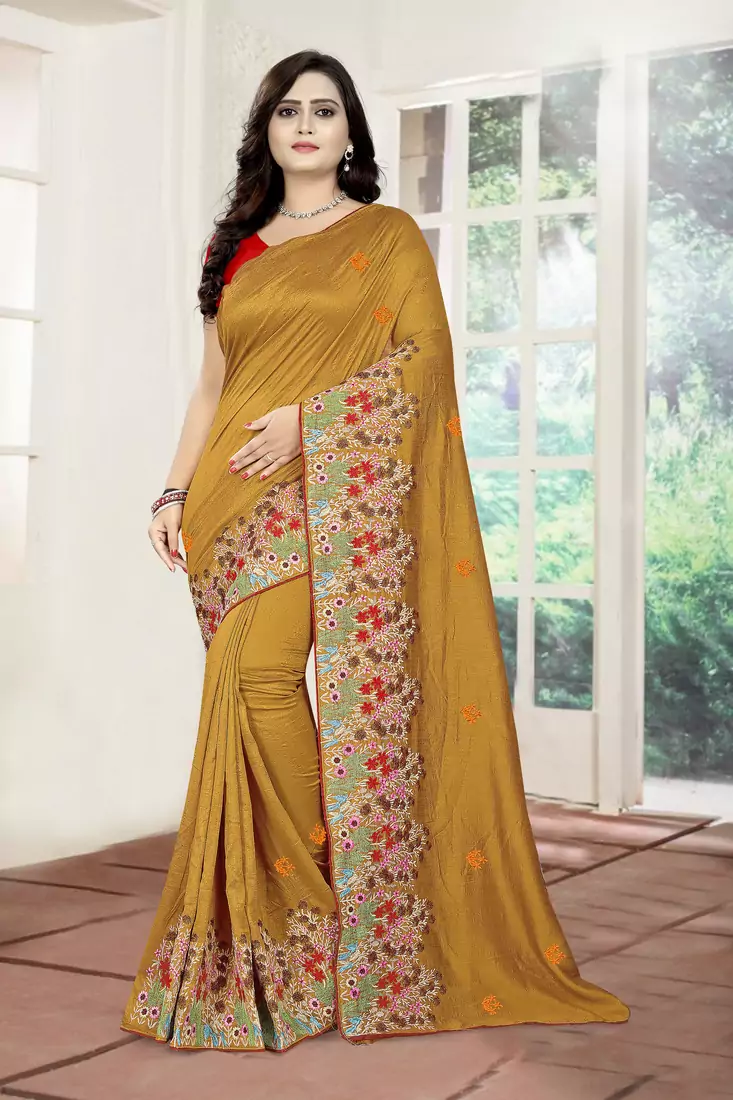 Yellow Embroidered Poly Silk Saree With Blouse